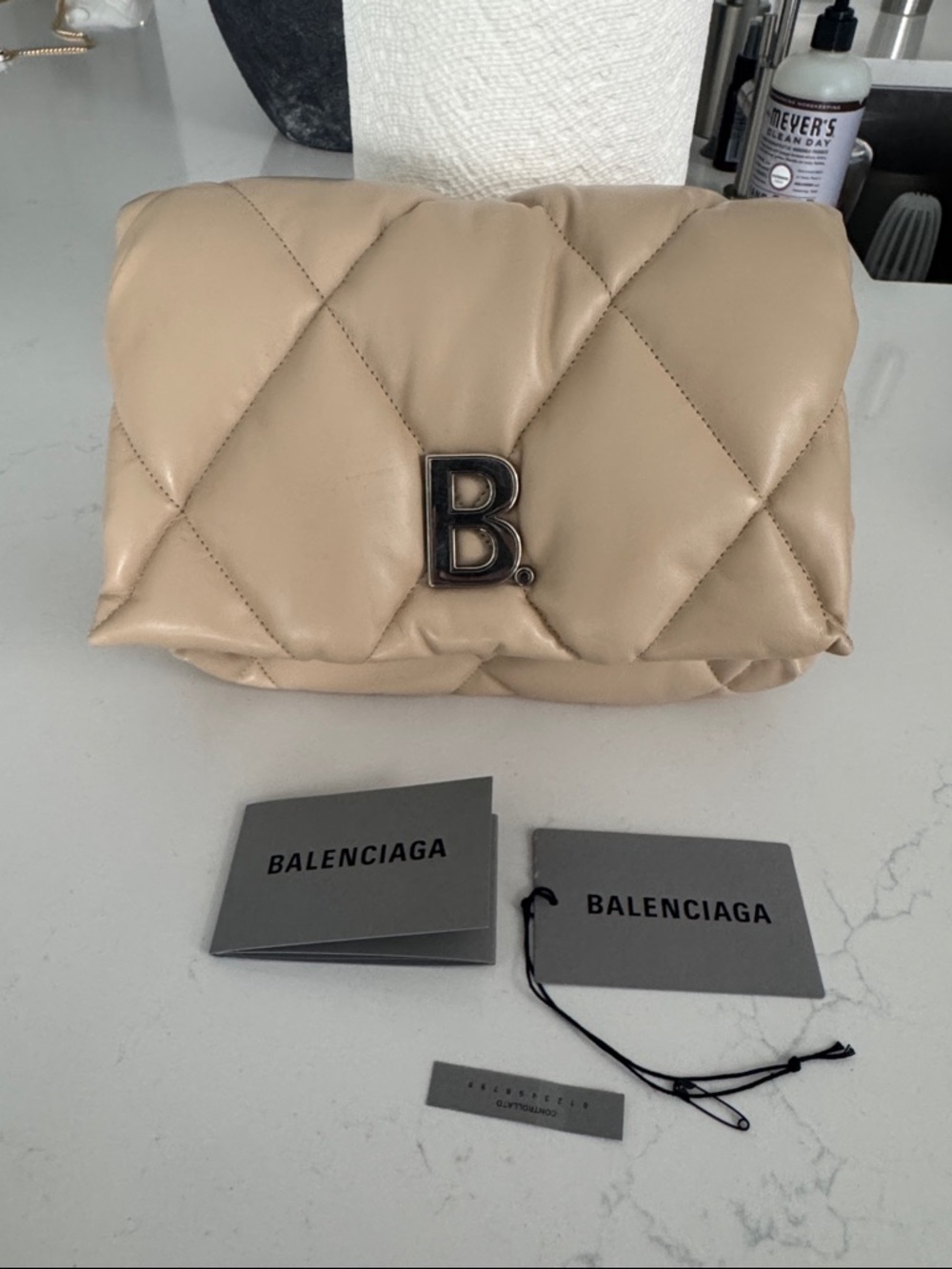 Authentic Balenciaga Beige Quilted 'B' Logo Clutch